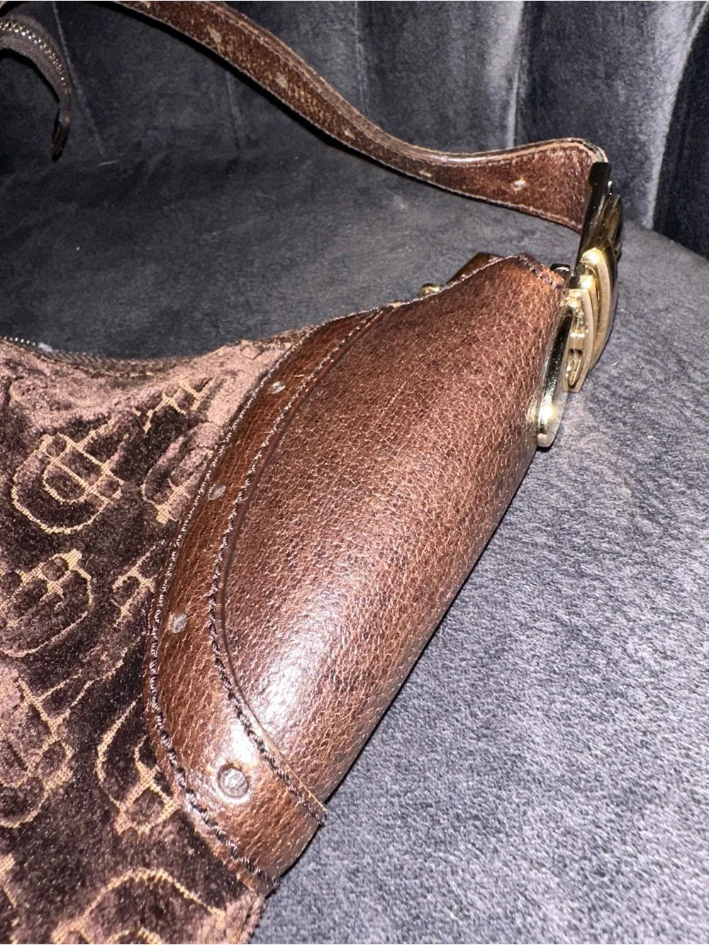 Gucci Brown Velvet Hobo with Blue and Gold Center Stripes